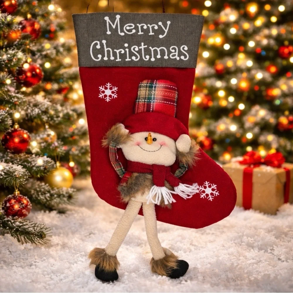 Handmade Christmas Stocking Farmhouse Snowman Plaid & Fur Felt & Canvas